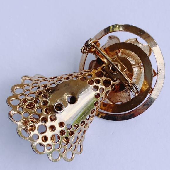 VTG Mid Century Gold Tone Rhinestone Fan Flower Brooch Costume Jewelry 50s 60s - Picture 9 of 10